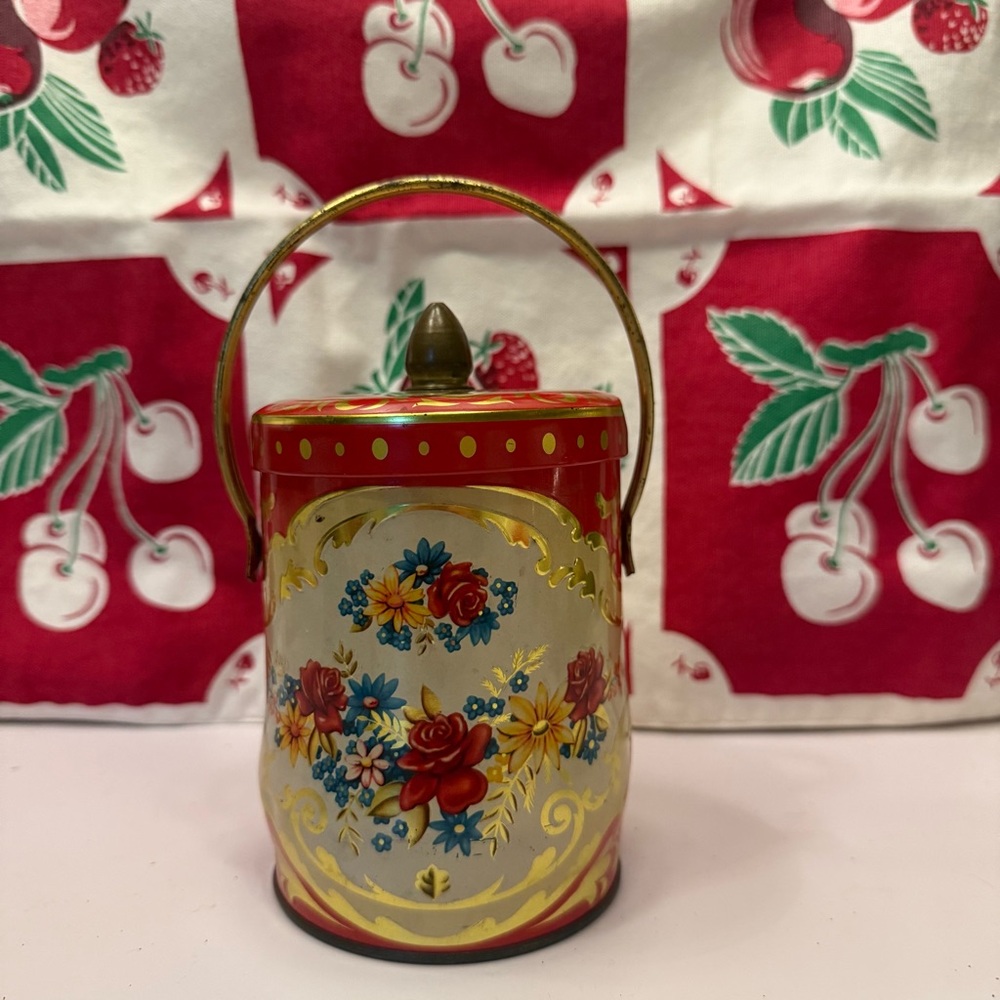 Vintage Murray-Allen Candy Floral Tin Canister with Handle Red Yellow Gold Blue